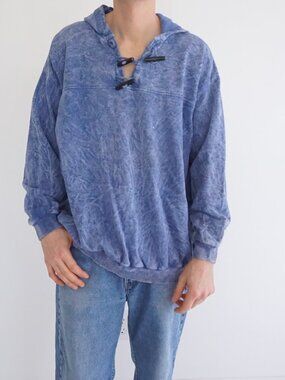 Second Wind Blue Speckled Lace Up Mineral Wash Skate Surf Hoodie Drawstrings XL